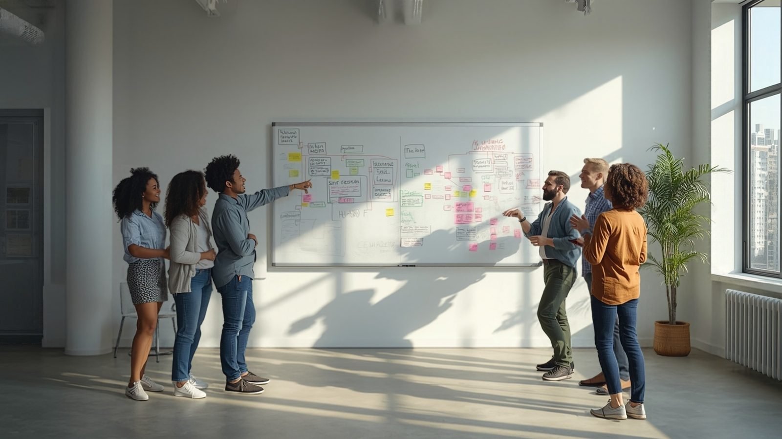 A team mapping out ideas on a whiteboard during a working session